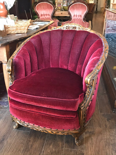 Stunning Vintage Red Velvet Arm Chair with Exceptional Carved Detailing