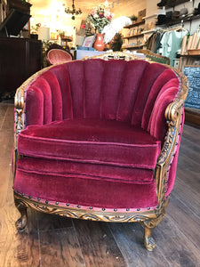 Stunning Vintage Red Velvet Arm Chair with Exceptional Carved Detailing