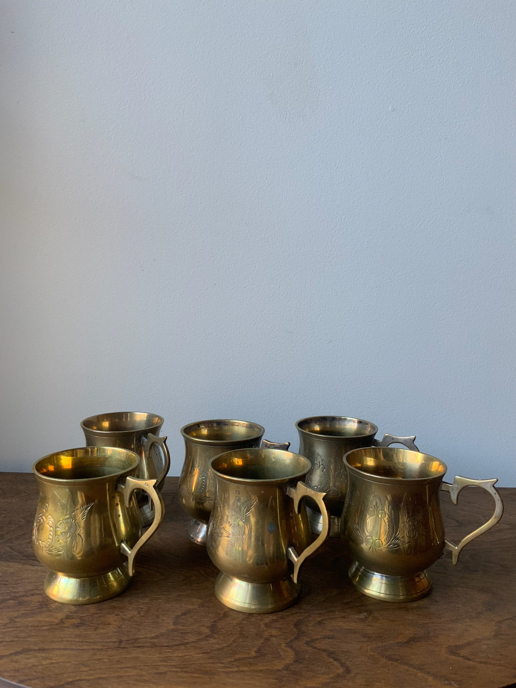 Set of Six Vintage Etched Small Brass Mugs