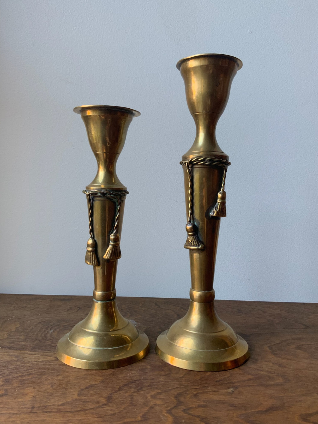 Beautiful Pair of Vintage Brass Candle Holders Tassel Details