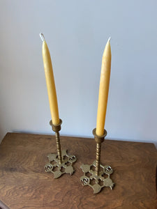 Pair of Vintage Brass Candle Holders with Ornate Base
