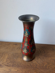 Beautiful Vintage Painted Etched Brass Vase