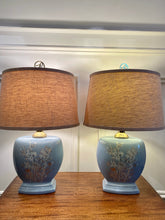 Load image into Gallery viewer, Pair of Vintage Blue Lamps with Gold and White Botanical Motif