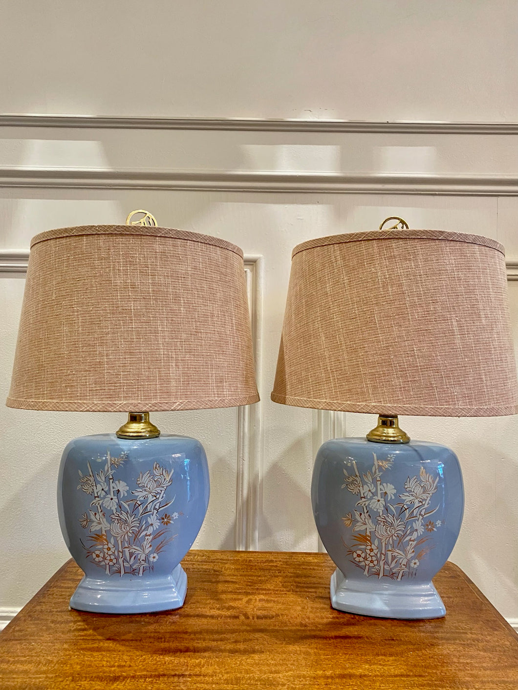 Pair of Vintage Blue Lamps with Gold and White Botanical Motif