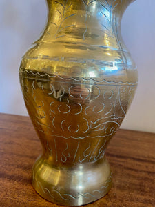 Large Vintage Brass Vase with Aquatic Etchings