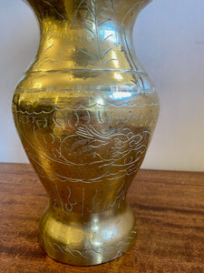 Large Vintage Brass Vase with Aquatic Etchings