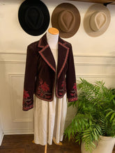Load image into Gallery viewer, Beautiful Trimmed Maroon Velvet Floral Jacket (Size 10)