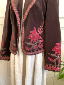 Beautiful Trimmed Maroon Velvet Floral Jacket (Size 10)