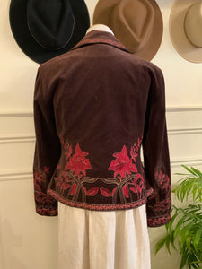 Beautiful Trimmed Maroon Velvet Floral Jacket (Size 10)