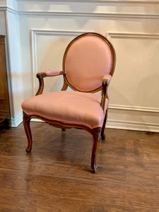 Beautiful Vintage Louis XVI Style Oval Back Wood Armchair with Blush Pink Dotted Upholstery