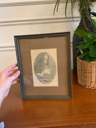 Framed Vintage Pencil Drawing of Mother and Child
