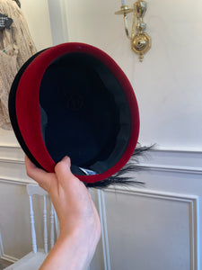 Vintage Black and Red Hat with Large Feather
