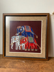 Gorgeous Framed Textile Patchwork Art Of Elephants