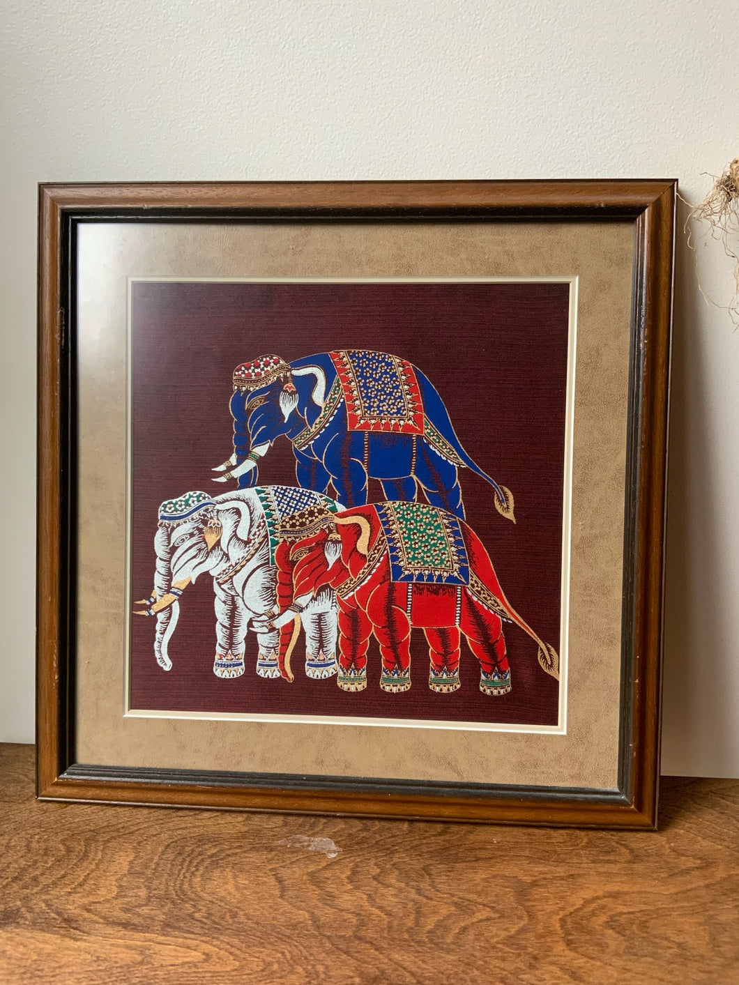 Gorgeous Framed Textile Patchwork Art Of Elephants