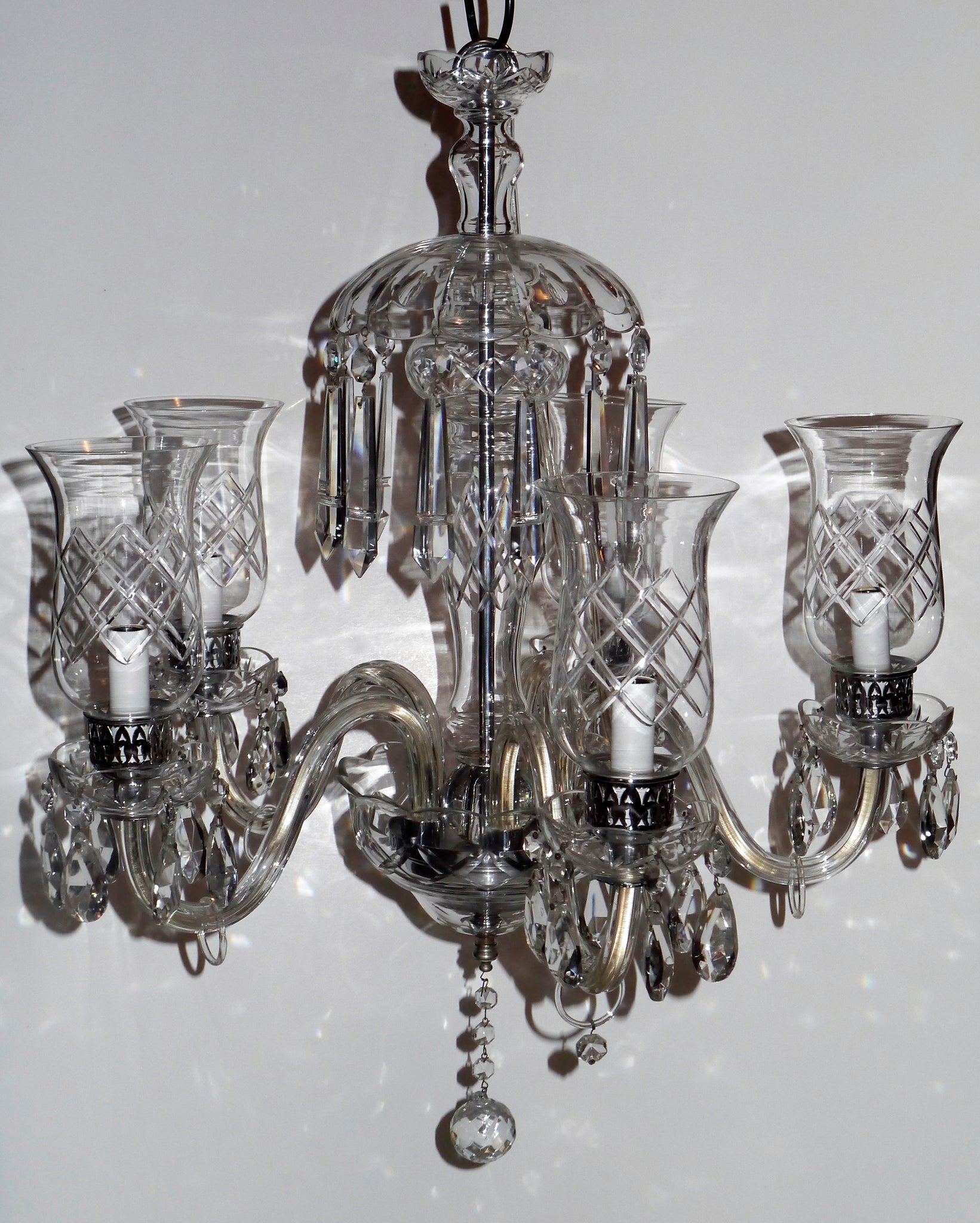 Vintage French Mid Century Brass Crystal Prisms Chandelier 5 Arm Light  Hanging 