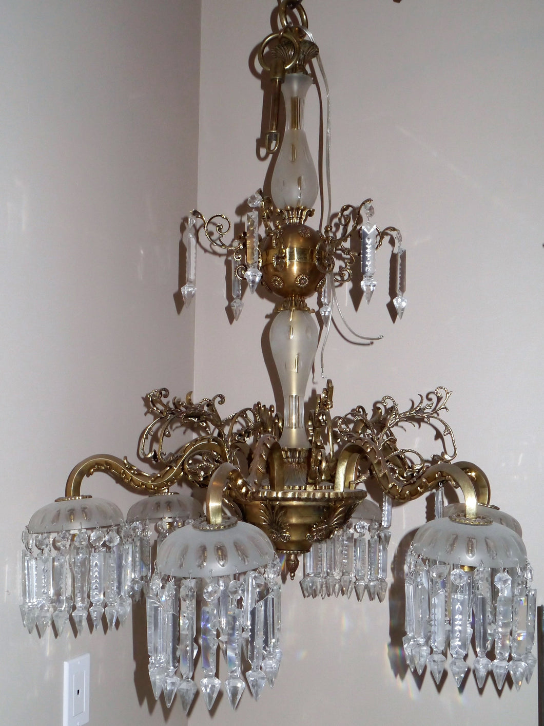 Antique French Neoclassical 6 arm Chandelier with Individual Canopied Chandeliers