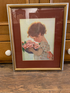 Vintage Framed Partial Needle Point Little Girl with Basket of Flowers