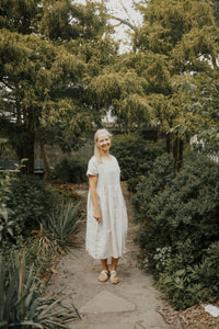Anne Dress 100% Linen Garden Dress, Hamilton Ontario Ontario Made Canadian Made The Pale Blue Dot Casual Timless Elegant Versatile All Season Autumn Summer Winter Spring Layer James St. North Wedding Casual Romantic Style Loose Flowing Short Sleeve Pockets Boat Neck Pockets  Rachel Rae Connell Photography