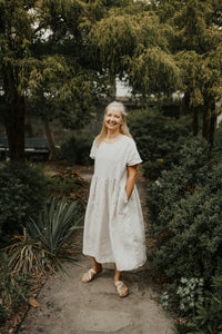 Anne Dress 100% Linen Garden Dress, Hamilton Ontario Ontario Made Canadian Made The Pale Blue Dot Casual Timless Elegant Versatile All Season Autumn Summer Winter Spring Layer James St. North Wedding Casual Romantic Style Loose Flowing Short Sleeve Pockets Boat Neck Pockets  Rachel Rae Connell Photography