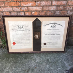 Image: Antique 1915 Teachers Certificate and State Normal School Diploma of Ruth McIntire Rossiter. Two elegant parchment documents with ornate calligraphy and intricate detailing. A testament to academic achievement and dedication to education in a bygone era."