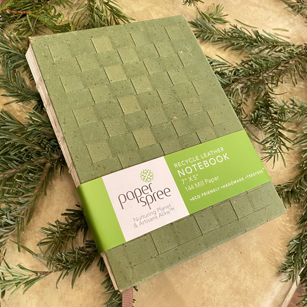 Upcycled Leather Notebook - Green Weave (Tree-Free Interior Paper)