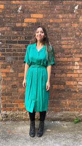 Vintage Teal Button up Dress with Belt (Small)