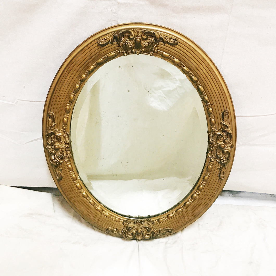 Bevelled Gold Round Mirror with Beaded Inner Frame and Acanthus Motif